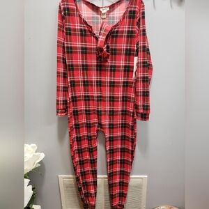 Shosho One-Piece Red Plaid Fleece Lined Lounger Pajama with Matching Hea…